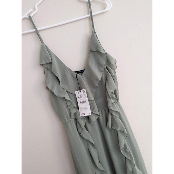 SOLD ZARA NEW WOMAN STRAPPY LONG DRESS RUFFLES ASYMMETRIC HEM SEA GREEN M - Picture 7 of 9